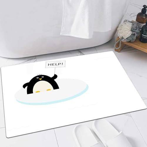 FSDGY Badvorleger Fußmatte Flauschig Teppich Badezimmerteppich Duschmatte für Bade & Wohnzimmer Schlafzimmer,Cartoon, Arktische Tiere Thema Pinguin auf einem Eisblock braucht Hilfe Illustra,60x90 cm