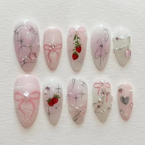 GlamRays 24 Pcs Pink Press on Nails Medium Almond Fake Nails with 3D Heart Pearl Design, Steel Ball, Bow, Star, Rhinestone, False Nails, White Ombre Strawberry, Sticker Nails