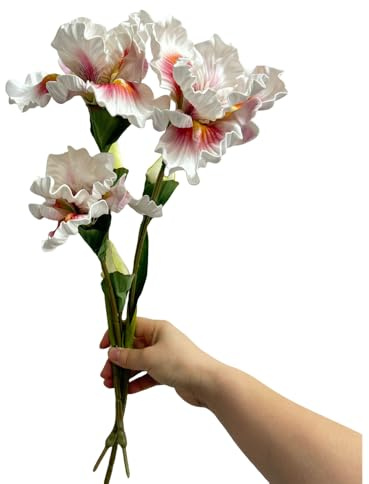 3pcs White Pink Iris Flower Artificial PU Flower Heads with Stem,Real Touch | Fake flowers Realistic Faux Bouquets Bulk Outdoor Cemetery Arrangements,Wedding Decor, Dining Table Centerpieces,Vase Filler