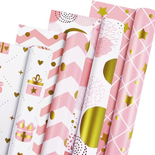 4 Geschenkpapier Geburtstag Rolle, 4 verschiedene Designs Geschenkpapier Set für Frauen Mädchen, Rosa Gold Geschenkverpackung zur Geburtstag, Hochzeit, Muttertag, Valentinstag, 43cm x 300cm pro Rolle