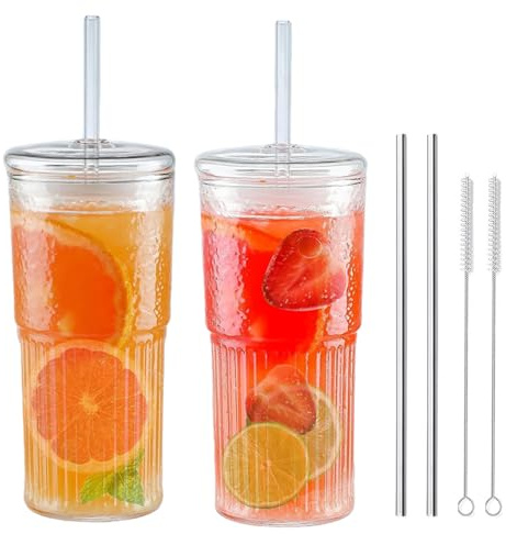 Lot de 2 tasses en verre striées avec couvercle et pailles en verre, anti-fuite, verres à café, tasses à café glacé, gobelets en verre avec paille et couvercle pour café glacé, cocktail, thé, smoothie