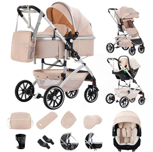 Gcarebb 3 in 1 Kinderwagen, Buggy Mit Auto Babyschale, Mit Einem Klick Zusammenklappbarer Tragbarer Kinderwagen Komplettset, KombiKinderwagen Mit Aluminiumrahmen für Neugeborene 0-4 Jahre