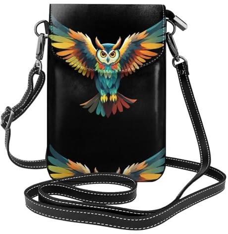 YYHWHJDE Bunte Eule mit Flügeln, kleine Leder-Umhängetasche, Flip-Handytasche, wasserdicht und langlebig