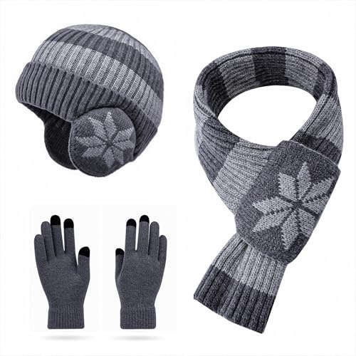 Guantes Niña-Niño 3 Piezas Invierno Gorro de Punto Termicos con Orejeras, Guantes Pantalla Táctil y Bufanda Conjunto para Navidad Cumpleaños Regalo de año Nuevo Gris oscuro
