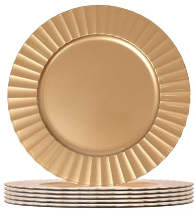Argon Tableware Round Charger Plates - 33cm - Gold Flute - 6X Reusable Hard Plastic Dinner Table Setting Wedding Party Decor Decorative Serving Tableware Dinnerware Chargers Placemats