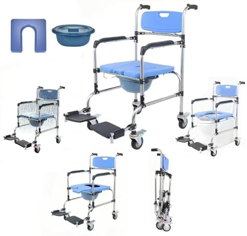 Rexhan 3 in 1 Foldable Shower Wheelchair, Commode Toilet Chair, Folding WC Chair, Potty Chair, Footrests, Lightweight, Aluminium Frame, Wheel Brakes, 5L Removable Bucket
