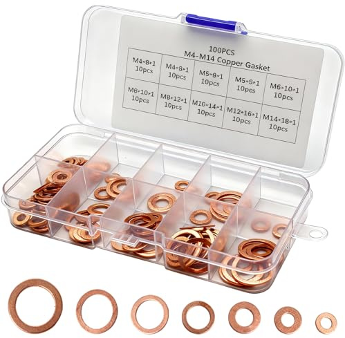 TIANLIN Ensemble de 100 Rondelles en Cuivre, Taille M4/M5/M6/M8/M10/M12/M14, pour Bouchon de Vidange, Réservoirs de Carburant et Connexions Hydrauliques, avec Boîte de Rangement Transparente