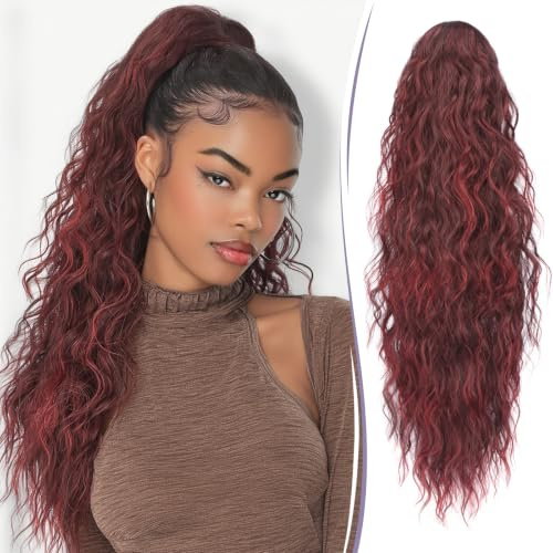RUWISS Pferdeschwanz mit Klammer 76 cm Lange Wellig Lockig Pferdeschwanz Haarteil Synthetik Gewellt Claw Clip in Ponytail Extension für Damen, Schwarz Ombre Rot
