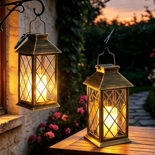Yowin Solarlaterne für Außen 2 Stück 22cm Laternen für Draußen | Flackernde Kerzen, Solarlampen für Außen Hängend Wetterfest Solar Tischlampe für Draußen Balkon Terrasse Gartendeko - Bronze
