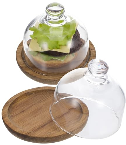 Hemobllo Lot de 2 Beurriers en Bois D'acacia 10 Cm avec Cloche en Verre Transparent, Plateau à Gâteau Solide et Élégant, Présentoir Polyvalent pour Beurre, Pâtisseries et Desserts – Usage