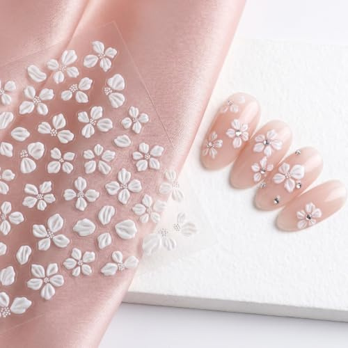 Nail Flower Stickers, 5 Pcs 5D Embossed White Floral Nail Stickers | Bling Shell Light Crystal Nail Art Decals for Women Spring Summer DIY Manicure Decoration