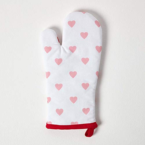 Homescapes Ofenhandschuh Hearts, rosa rot weiß ca. 18 x 32 cm, Topfhandschuh aus 100% reiner Baumwolle mit Polyesterfüllung, waschbarer Kochhandschuh