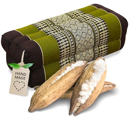 livasia Block Yogakissen eckig - 17x34x12cm - Meditationskissen mit Kapok, Stützkissen Bolster rechteckig, Yoga Pilates Zubehör Nackenkissen, Thaikissen fest handgefertigt (Braun/Grün)