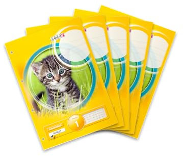 Landré Arbeits-Block A4 liniert, Lineatur 1, 50 Blatt, 80 g/m², gelocht, Motiv Katze, 5 Stück