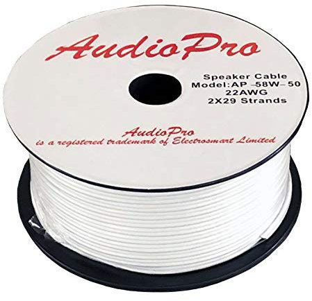 AudioPro Speaker Cable Wire 22 AWG (2 x 29 Strands) Select 25m or 50m Reel Colour White/Clear Transparent HiFi Home Audio Surround Sound etc (50m Reel, White)
