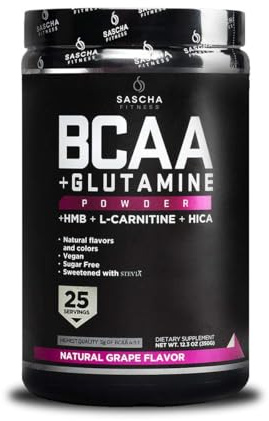 SASCHA FITNESS BCAA 4:1:1 + Glutamina + HMB + L-Carnitina + HICA en Polvo - Aminoácidos Ramificados - Pre, Intra y Post Entreno - Recuperación Muscular, Rendimiento y Energía - Sabor Uva – 387,5g