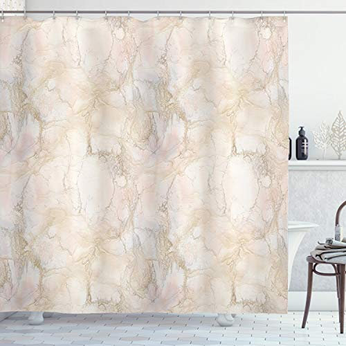 ABAKUHAUS Marmor Duschvorhang, Rosa Pfirsich-Farben Risse, Stoffliches Gewebe Badezimmerdekorationsset mit Haken, 175 x 220 cm, Beige