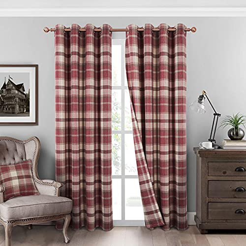 always4u Klassische rote karierte Vorhänge im Hochland-Woll-Look, Schottenkaro, Bauernhaus, Fensterbehandlung, Ösen, karierte Vorhänge für Wohnzimmer, Schlafzimmer, 2 Paneele, 137 x 244 cm