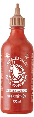 FLYING GOOSE Sriracha Chilisauce, mit extra Knoblauch, scharf, braune Kappe, scharfe Würzsauce aus Thailand, 1 x 455 ml