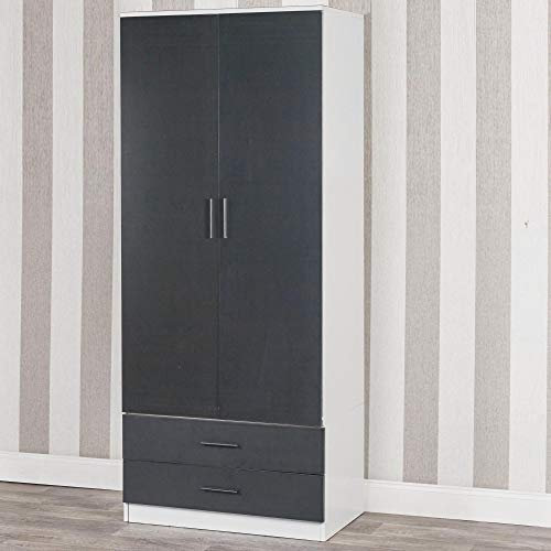 URBNLIVING Tall Wooden White 2 Door Wardrobe With 2 Drawers Bedroom Storage Hanging Bar Clothes (White Carcass + Black Drawers)