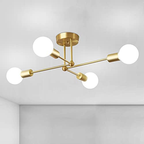 CIBITA Industrielle Deckenlampe, Retro Sputnik Kronleuchter, 4 x E27 Fassung, Goldfarben, Verstellbar, Ø 72 cm, für Schlafzimmer, Wohnzimmer, Küche (ohne Leuchtmittel)