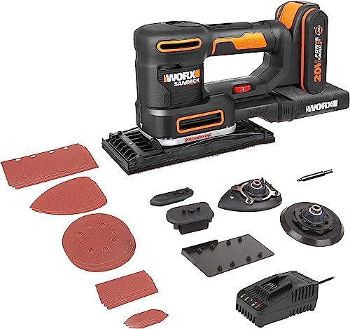 WORX 18V (20V MAX) Cordless Multi Sander WX820 Orbital,Finishing,Detail,Contour and Finger Sander 5 in1, Variable Speed, 5*Sanding Pads, 15*Sanding Paper, Powershare, 1* 2.0Ah Battery, 1*2A Charger