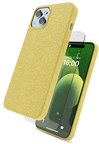 Lagoon Inc. Biodegradable Protective Phone Case for iPhone 14 Plus with Glass Screen Protector - Eco Friendly Plant Based Compostable Case Iphone 14 Plus - Shockproof, Wireless Charging (Yellow)
