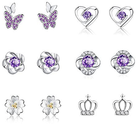 GUROTD 6 Pairs Sterling Silver Stud Earrings - Tiny Flower Heart Butterfly Designs, Hypoallergenic, Cubic Zirconia Diamond Cartilage Earrings Set