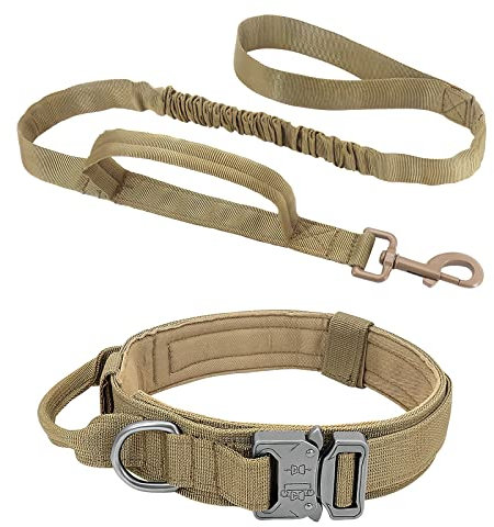 ALLSOPETS Taktisches Hundehalsband mit Leine – Verstellbares Militär-Hundehalsband mit Griff und Metallschnalle, Ideal für mittlere und große Hunde, Training & Outdoor (Khaki, L)