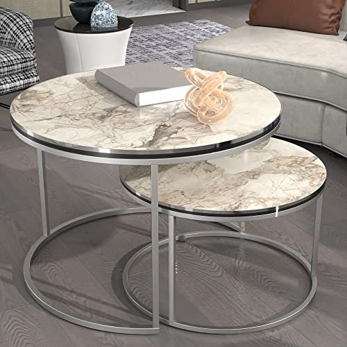 [en.casa] Set de 2 Tables Basses Rondes Gigognes Table d'Appoint Bout de Canapé Robuste Polyvalente Design Moderne Salon Séjour Chambre Panneau de Particules Métal Effet Marbre Blanc Argent