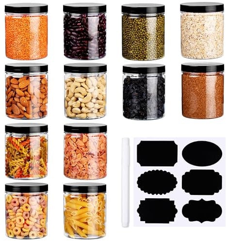 Belle Vous 12 Pack of Clear Plastic Storage Jars with Lids, Labels & Pen - 500ml/17oz Reusable Airtight Containers - Refillable Jars for Kitchen Dry Food Storage, Spices, Peanuts and Craft Supplies