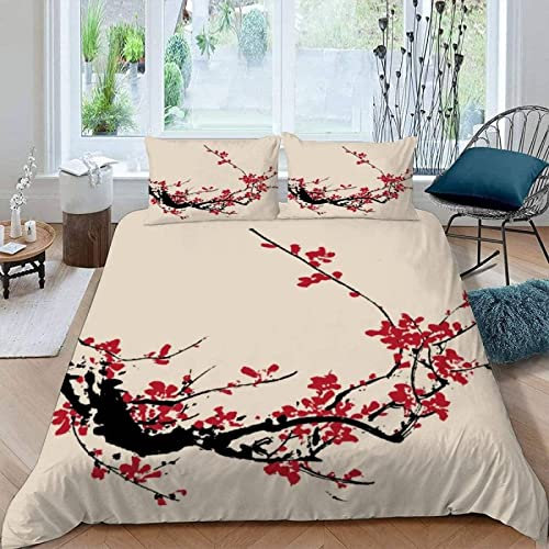 LATIZI Copripiumino Matrimoniale Stile Orientale Bosso di Prugna Biancheria da Letto Arte in Microfibra Morbida Cozy Stampata in 3d Con Copripiumone 260x240 con 2 Federa con Cerniera