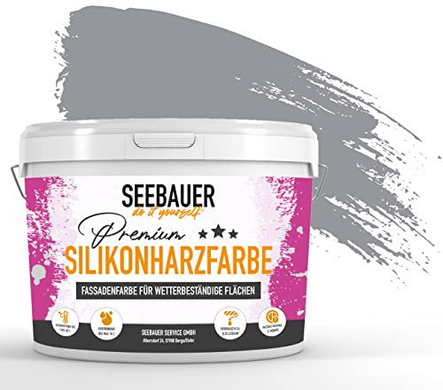 SEEBAUER diy Silikonharz-Fassadenfarbe Grau 5L für Außen (No. 218 Grey Stone) Selbstreinigende Fassadenfarbe mit Lotuseffekt - Geeignet für Putz, Mauerwerk und Beton