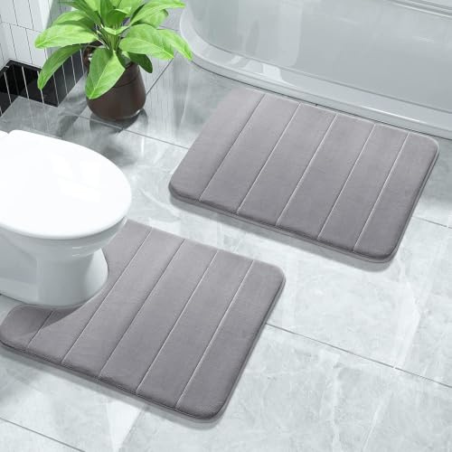 Yimobra Memory Foam Badematte-Set, 2-teilige weiche Badezimmermatten, 43x61 cm und 61x52 cm U-förmige Badezimmermatten, Toilettenmatte, Wasserabsorption, rutschfest, dick, Grau