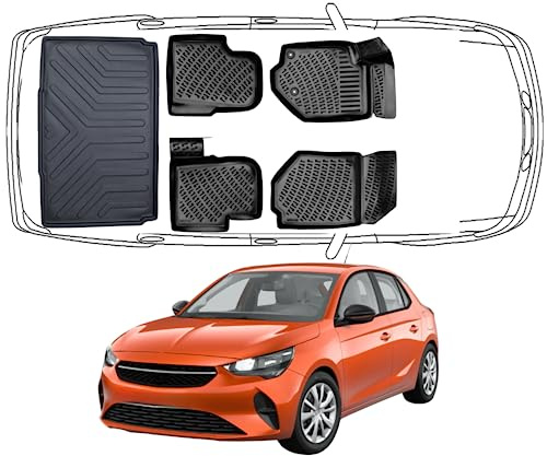 RIZLINE 3D Fussmatten & Kofferraumwanne für Opel Corsa E ab 2019 | Gummimatten & Kofferraummatte aus TPE Gummi, Passgenau, Wasserdicht, Hoher Rand, Rutschfest, Leicht zu Reinigen
