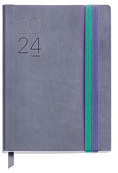 Miquelrius - Jahreskalender 2024, Tagesansicht, Größe Journal 122 x 168 mm, flexibler Einband aus Kunstleder genäht, doppelter Gummiverschluss, Spanisch, Englisch und Portugiesisch, Lila