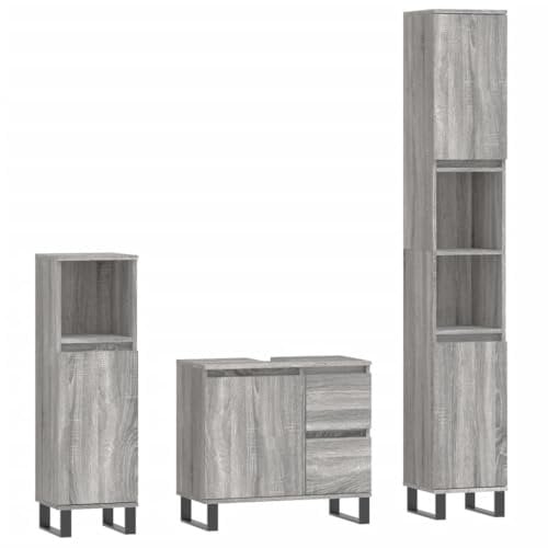 vidaXL Badmöbel Set 3 TLG., Badezimmermöbel mit viel Stauraum, Badschrank mit Eisenbeinen, Badezimmerschrank Waschbeckenunterschrank Hochschrank, Grau Sonoma Holzwerkstoff