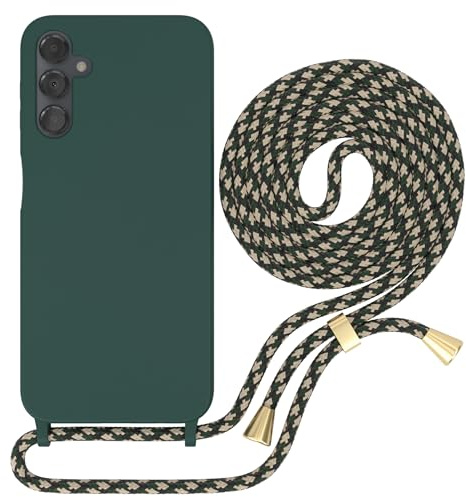EAZY CASE - Handyhuelle mit Kordel zum Umhängen - Samsung Galaxy A14 5G Ultra Dünn, Flexibles Silikon, Fallschutz, Guter Griff Handyhülle, Nacht Grün/Grün Camouflage Clips Gold