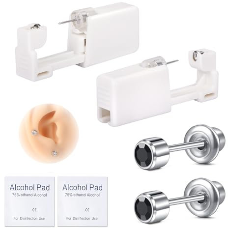 AVYRING Ohr-Piercing-Pistole Kit, selbst Einweg-Ohr-Piercing-Kit 316L chirurgischen Edelstahl mit runden kubischen Zirkoniumdioxid, zu Hause selbst Ohr Piercer Kit Werkzeug mit 4mm schwarz Stud