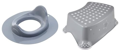 Rotho Babydesign WC-Sitz, Ab 24 Monate, Bella Bambina, Stone Grey (Grau), 20023 0286 & keeeper Stars Tritthocker, Ab ca. 3 bis ca. 14 Jahren, Anti-Rutsch-Funktion, Tomek, Grau