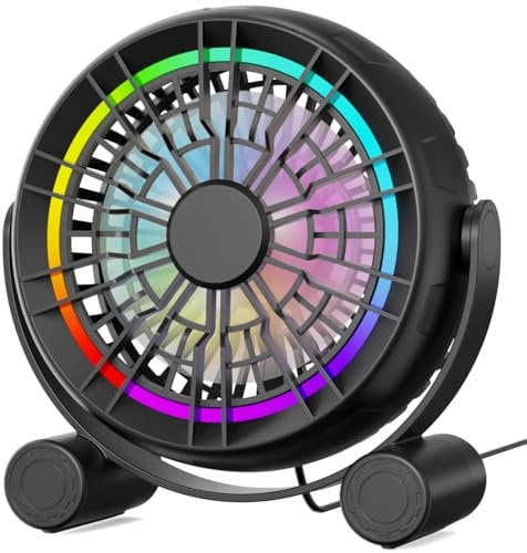 USB RGB Ventilador de Escritorio - Portátil Silencioso de 3 Velocidades, 8 Luces LED de Color, Rotación 360°, Pequeño para Hogar, Oficina, Mesa, Dormitorio