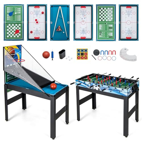 GOPLUS Mesa Multijuegos Convertible 14 en 1 con Futbolín, Mesa Multifuncional con Billar, Air Hockey, Ping Pong, Baloncesto, Shuffleboard, Ajedrez, Juegos Combinada para Fiesta Bar Hogar(Negro)