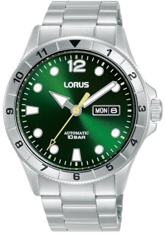 LORUS Sport Man Herren Uhr analog Automatik mit Edelstahl Armband,Silber/Grün