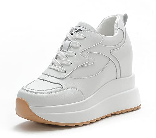 MIEHUIAI Damen Sneaker mit Keilabsatz 10 cm Plateau Freizeitschuhe Mode Wedges Sneakers Bequeme rutschfest Turnschuhe(Weiß,Größe 36)