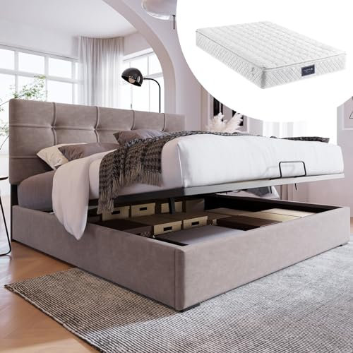 Skcess Hydraulisch Doppelbett Polsterbett 140X200Cm, Inklusive Matratze, Verstellbares Kopfteil, Bett Mit Lattenrost Aus Metallrahmen, Samt, Hellgrau