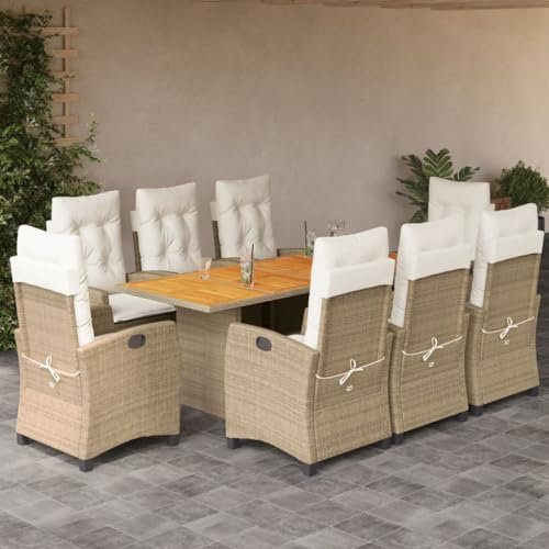 Gecheer 9-TLG. Garten Essgruppe 8 Personen, Rattan Gartenmöbel Set, Balkonmöbel Set, Balkon Lounge, Gartentisch mit Stühlen, Terrassenmöbel Set, Sitzgruppe Gartengarnitur mit Kissen Beige Poly Rattan