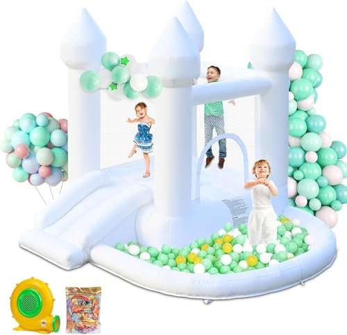 Aufblasbares Hüpfhaus Schloss mit Rutsche, weißer Jumper Hüpfburg mit Bällebad Hochzeitsschloss für Party Hinterhof für Kinder, mit 370W Luftgebläse