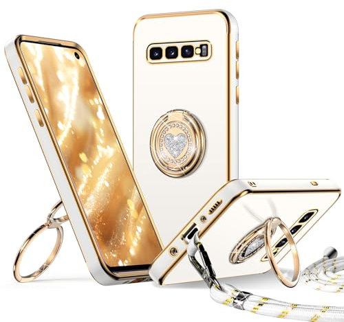 XYZ für Samsung Galaxy S10 Hülle mit Band, Herz Doppelring Ständer HandyHülle Handykette Frauen Mädchen Dünn Stoßfeste Anti-Kratzt SchutzHülle für Samsung S10 Case, Weiß