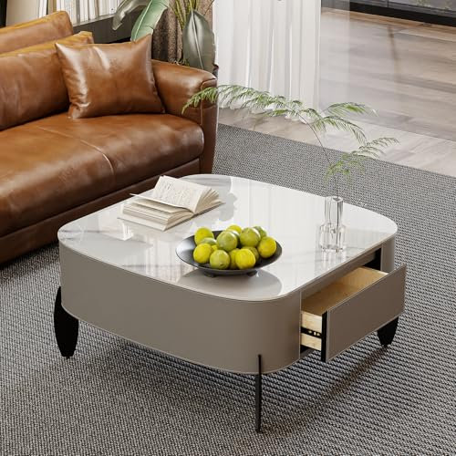 Artloge Couchtisch mit 2 Schubladen Wohnzimmertisch quadratischer Sofatisch 80×80, Kaffeetisch mit Stauraum Luxus Marmor Tischplatte Weiß Hochglanz grau Leder umgeben, modern Design Couchtisch