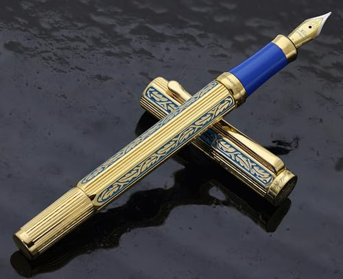 Xezo Legionär Füllfederhalter, 18 Karat vergoldet, mittelfeine Feder, diamantgeschliffene Oberfläche, handgeätzt, ägyptischer blauer Farblack, individuell nummeriert, limitiert auf 250 Stück